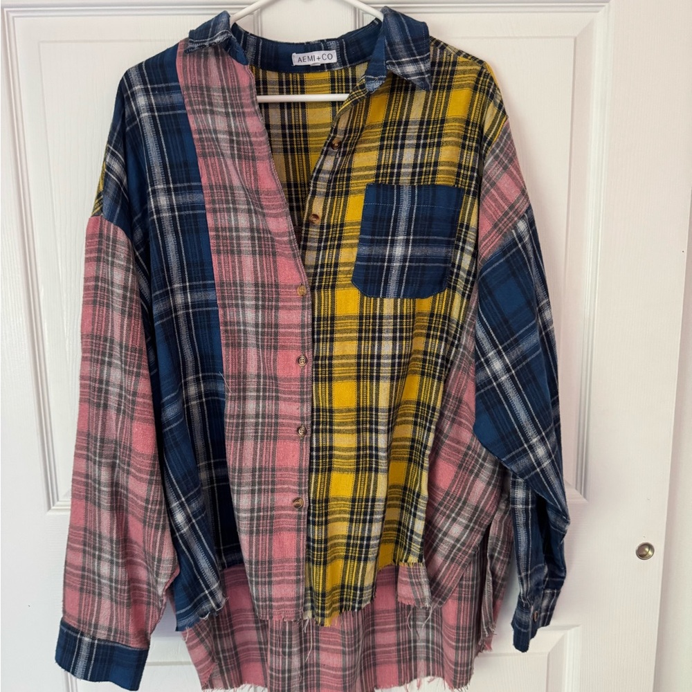 Women's Plaid Button Down Shirt - Pink, Blue, Yellow